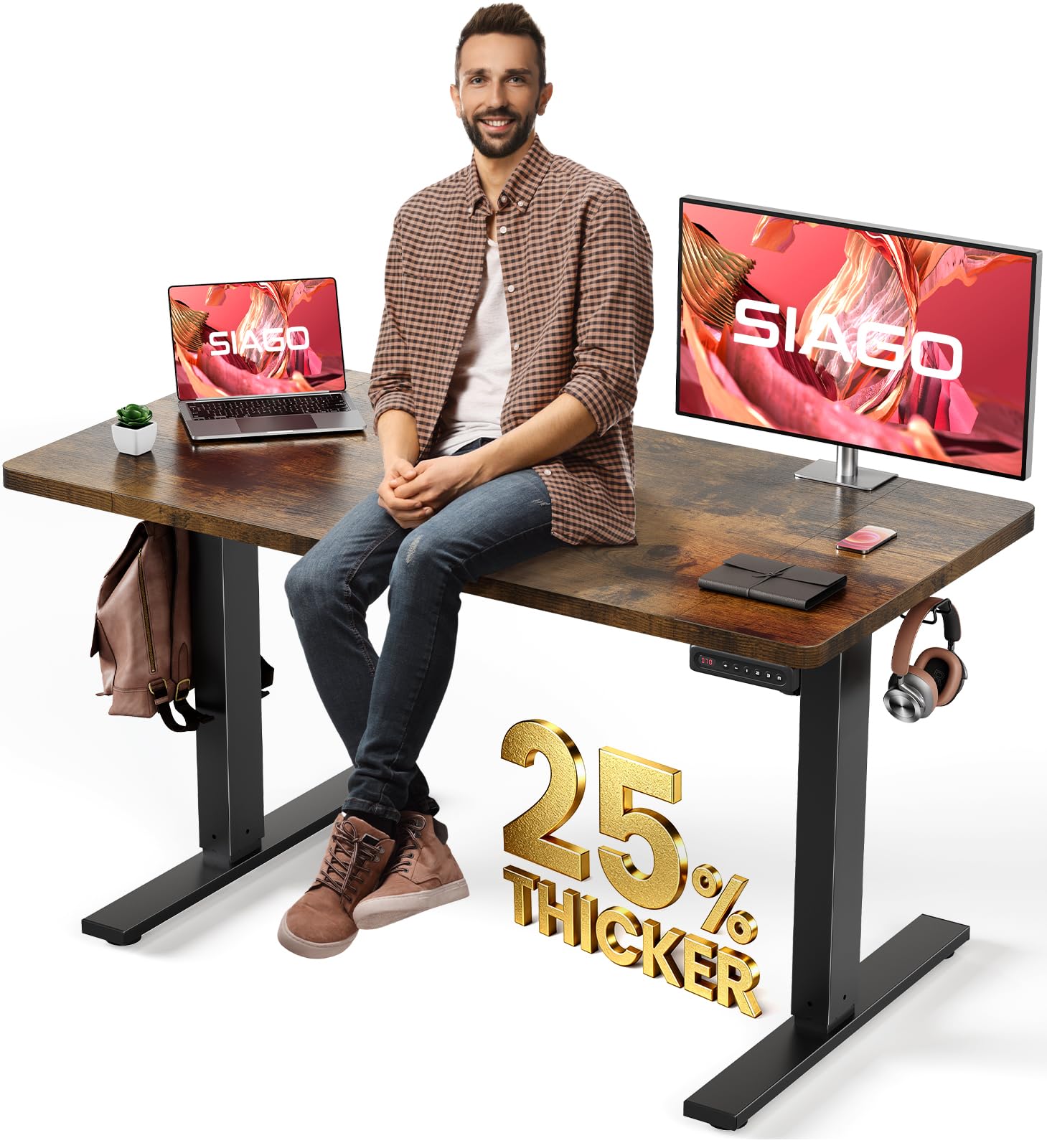 SIAGO Electric Standing Desk Adjustable - 48 x 24 Inch Sit Stand up Desk with 0.8 Inch Thick Tabletop - Adjustable Height Table with 3 Memory Preset, Cable Management for Home Office Image