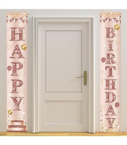 Aperturee Happy Birthday Porch Banner - Pink Pastel Rainbow Cloud Design, 12x72 Inches, Double Set