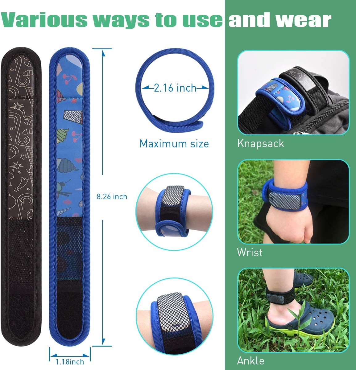 BuggyBands 2 Pack Mosquito Bracelet with 4 Essential Oils Refills, Waterproof Wristbands for Kids & Adults, Natural Deet-Free Resealable,Safe Indoor Outdoor Protection (Blue-Black): Garden & Outdoor