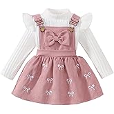 Megeoly Toddler Baby Girl Outfits Long Sleeve Ribbed T-Shirt Bow Overall Dresses Suspender Skirt Set Fall Winter Clothes