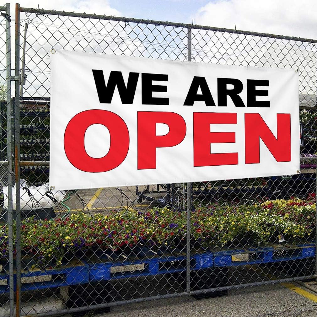 Amazon Com Vinyl Banner Multiple Sizes We Are Open Black Red Business Outdoor Weatherproof Industrial Yard Signs 6 Grommets 36x72inches Office Products