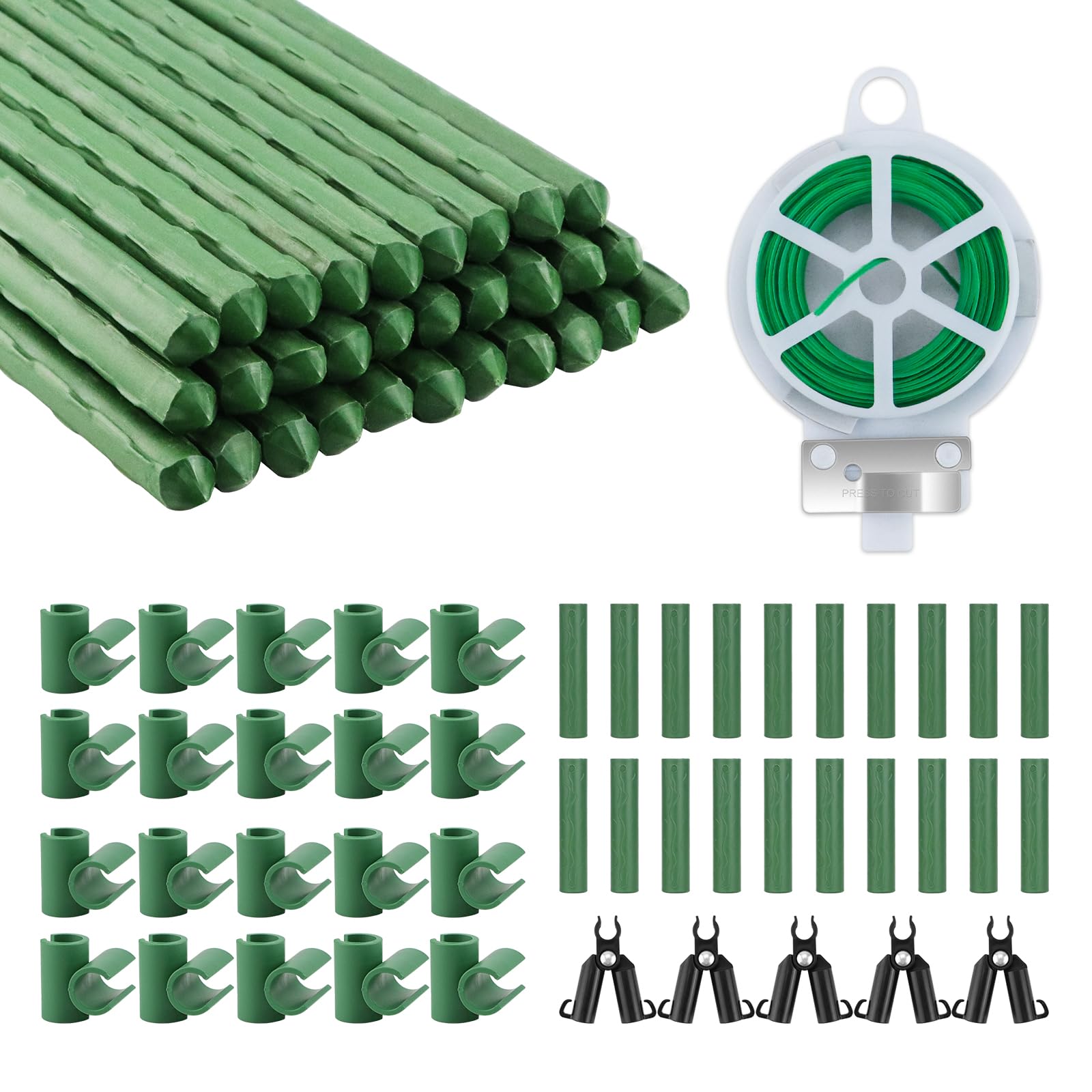 30Pcs Plant Stakes, 40cm Garden Stake Plant Support Stick Kit for Climbing Plants, Plastic Coated Steel Green Stakes Garden Canes with 45Pcs Plant Trellis Connector Clips and 30m Plant Ties