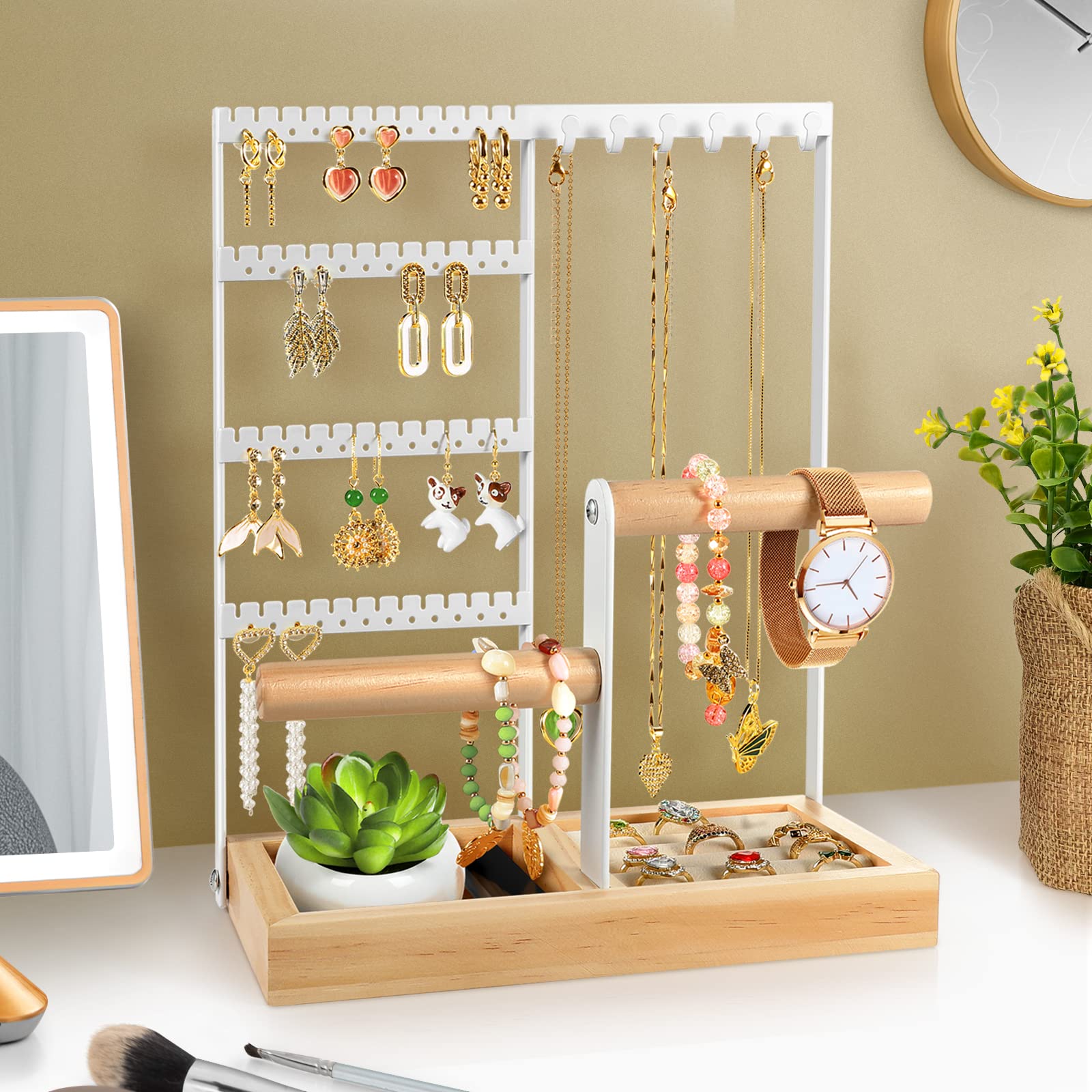 Godboat Jewelry Organizer, 4-Tier Earring Holder Organizer with 48 Holes, 6 Hooks Necklace Rack, Bracelet and Ring Stand with Wood Box, Gifts for Mothers Mom Women, Preppy Stuff & Room Decor, (White)