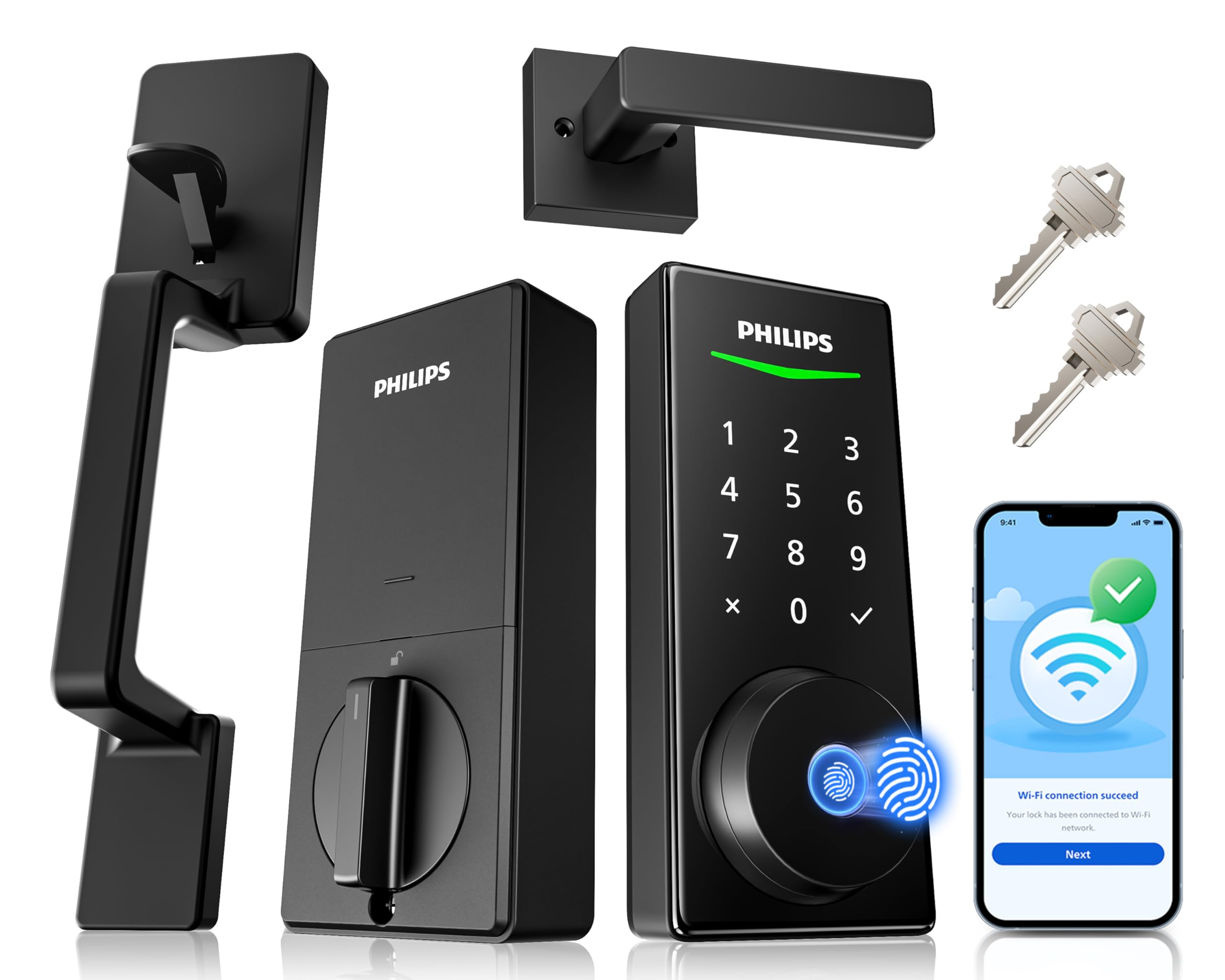 Photo 1 of Philips WiFi Smart Lock with Front Door Handle Set, Built-in WiFi, APP Remote & Voice Control, Fingerprint Keyless Entry Door Lock, Keypad Deadbolt Smart Locks for Front Door, Auto-Lock, Matte Black