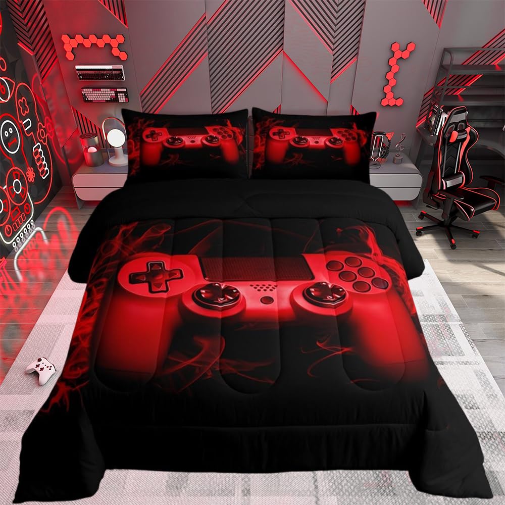 Red Gaming Duvet Single Size Gamer Comforter Teens Boys Video Game Decor Bedding Set Kids 2 Piece Console Game Controller Quilted Duvet Set Soft Black