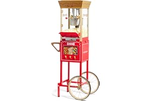Nostalgia Vintage 8 Ounce Professional Popcorn Cart Makes Up to 32 Cups, Three Storage Candy & Kernel Dispenser Also for Nuts, Chocolate, Measuring Spoons and Scoop Included, Red