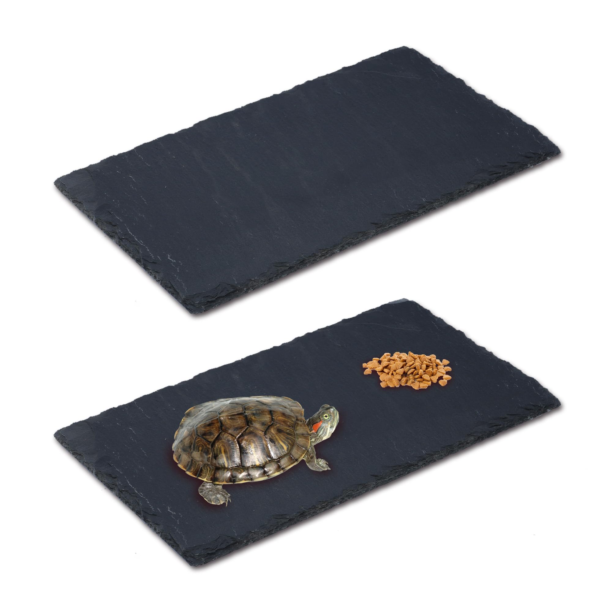 aleawol 2Pcs Tortoise Slate Pad Large, Rectangular Reptile Basking Platform Natural Tortoise Slate Feeding Dish Rocks Plate Black for Turtles Lizards Geckos Snakes
