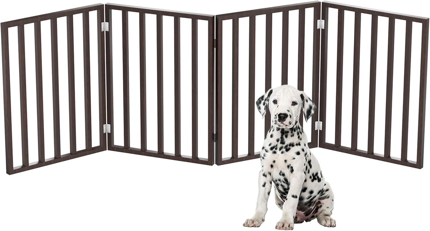 PETMAKER Wooden Pet Gate- Foldable 4-Panel Indoor Barrier Fence, Freestanding & Lightweight Design for Dogs, Puppies, Pets- 72 X24 (Brown Stain) : Pet Supplies