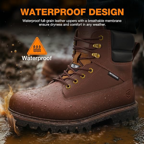 NINGO WATERPROOF STEEL TOE WORK BOOTS FOR MEN, 6″ NON SLIP COMFORTABLE LEATHER WORKBOOTS, MENS SAFETY CONSTRUCTION SHOES FOR OUTDOOR INDUSTRIAL