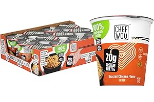CHEF WOO Roasted Chicken Ramen Cup High Protein Noodles (12 PACK), 20g of Animal-free, Bioavailable Protein | Made in U.S. |