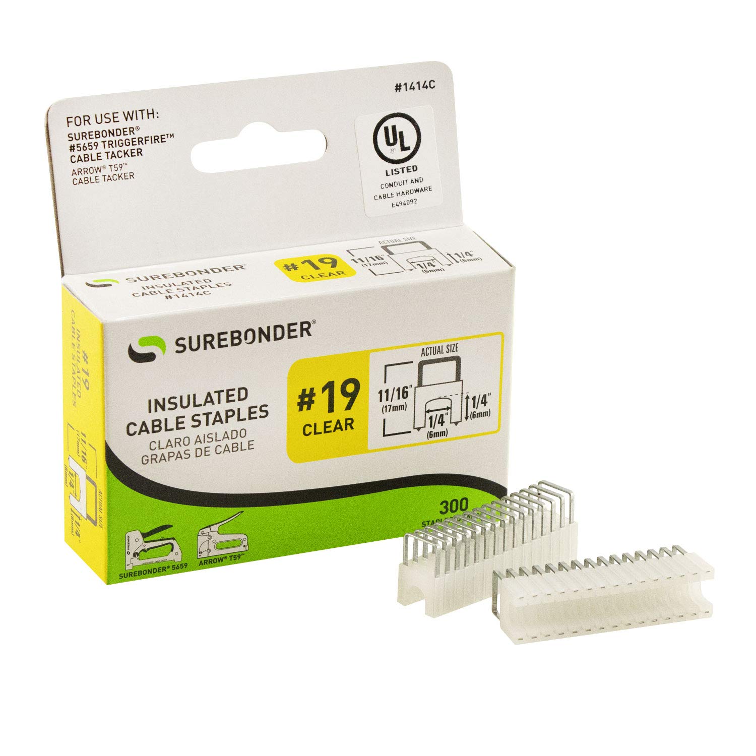Photo 1 of Surebonder Insulated Cable Staples, Clear, for Security, Thermostat, Telephone Wires, Ethernet Cat-5 cable, and other wire up to 1/4" wide, 1/4" x 1/4", 300 Pack, No. 19 (1414C)