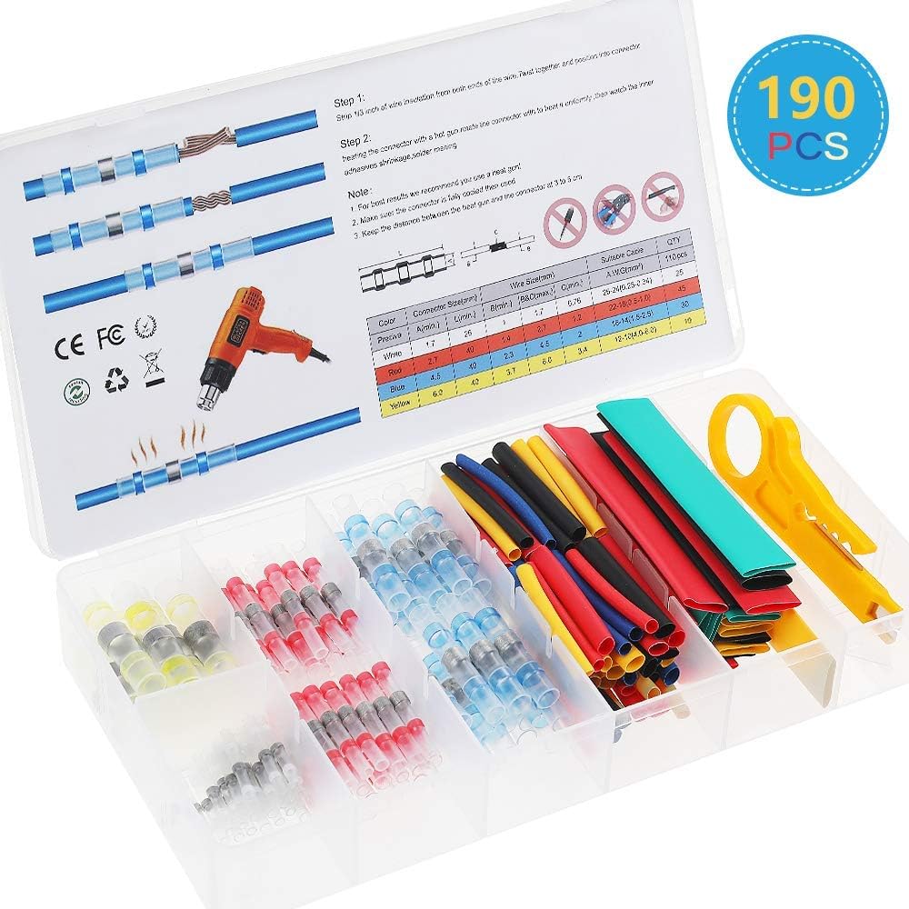 Vastar 190pcs Heat Shrink Solder Seal Wire Connector,Terminals Electrical Insulated Marine,Waterproof Solder Wire Connectors,4 Size with 80pcs Heat Shrink Tubing,Mini Wire Stripper