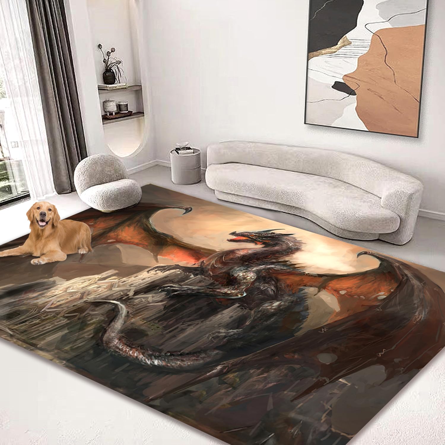 Photo 1 of kksme Large Area Rug 5'x6' Carpet for Bedroom Living Room Kids Room Home Decor Rugs Mat Non Slip The Dragon On Castle