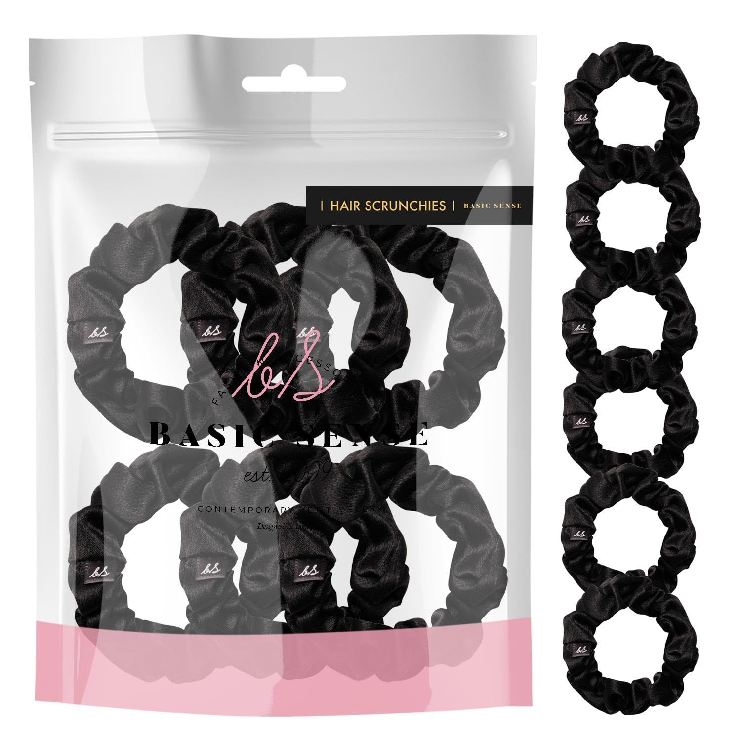 Basic Sense Skinny Satin Hair Scrunchies for Fine Hair, Snag-Free, Strong Hold, A set of 6pcs, Black