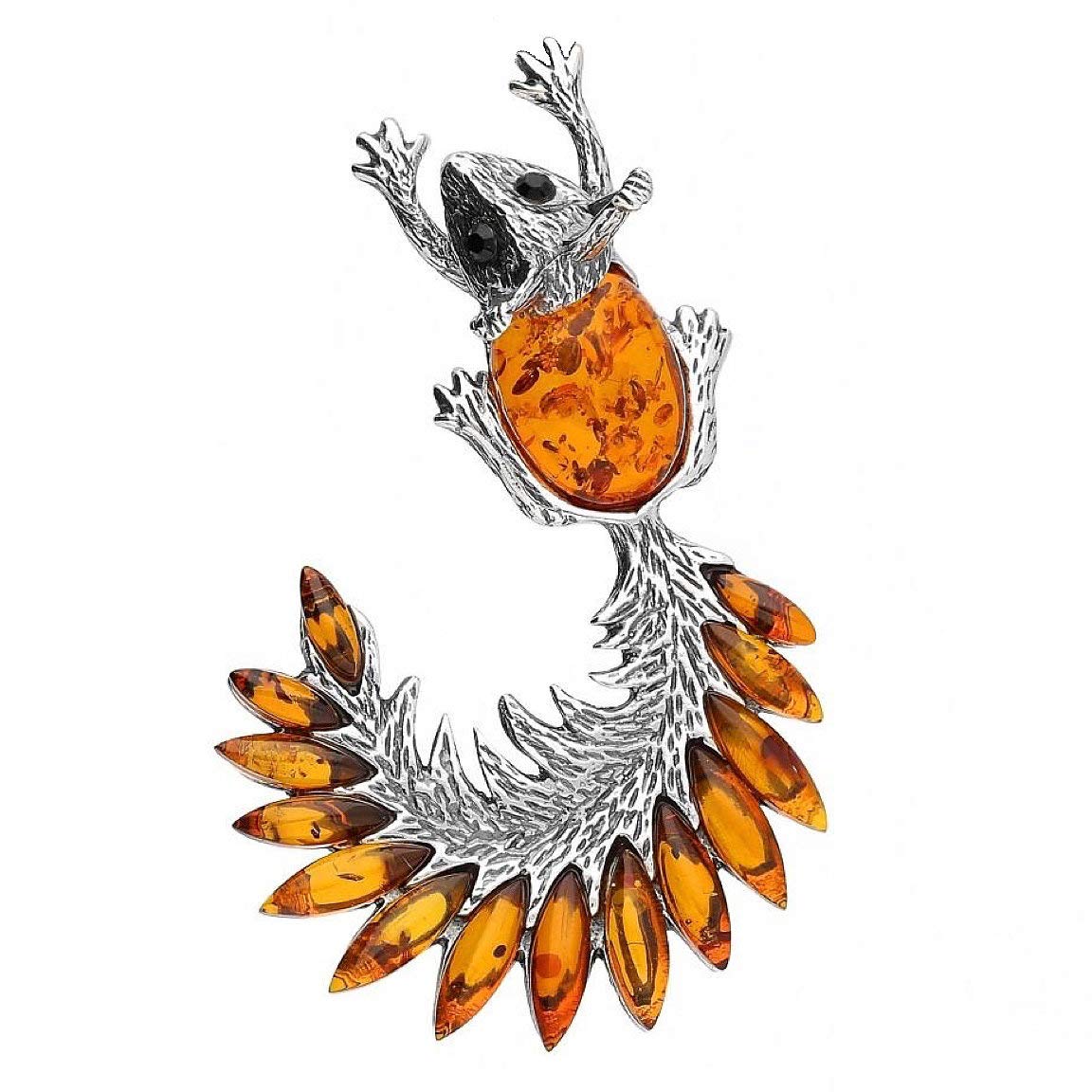 Squirrel Silver Brooch Pin/Clip in Orange Amber for Women - 925 Sterling Silver