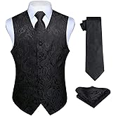HISDERN Mens Vest Tie Set 3PC Formal Waistcoat Paisley Floral Jacquard Necktie Pocket Square Suit Vests Wedding Party