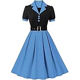 ODIZLI Women's 1950s Retro Dress Short Sleeve Notched Lapel Polka Dot Stripe Swing Dress with Belt Cocktail Dress