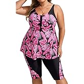 Hanna Nikole Women's Plus Size Tankini Swimsuits Two Piece Bathing Suit Flowy Rash Guard Swimwear with Capris Shorts