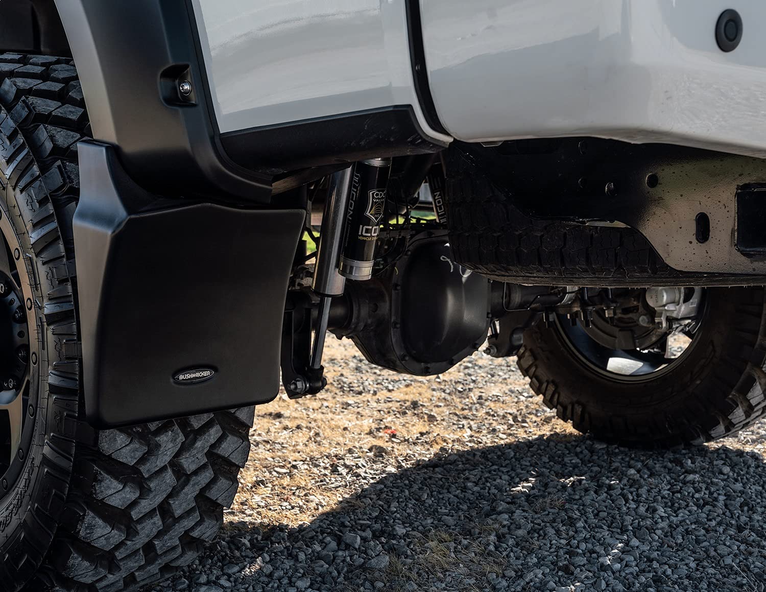 Photo 1 of RealTruck Bushwacker Mud Flaps for Pocket Flares | 2-Piece Set, Black, Smooth Finish | MUD-40106 | Fits 2019-2021 Chevrolet Silverado 1500; 2022 Silverado 1500 LTD