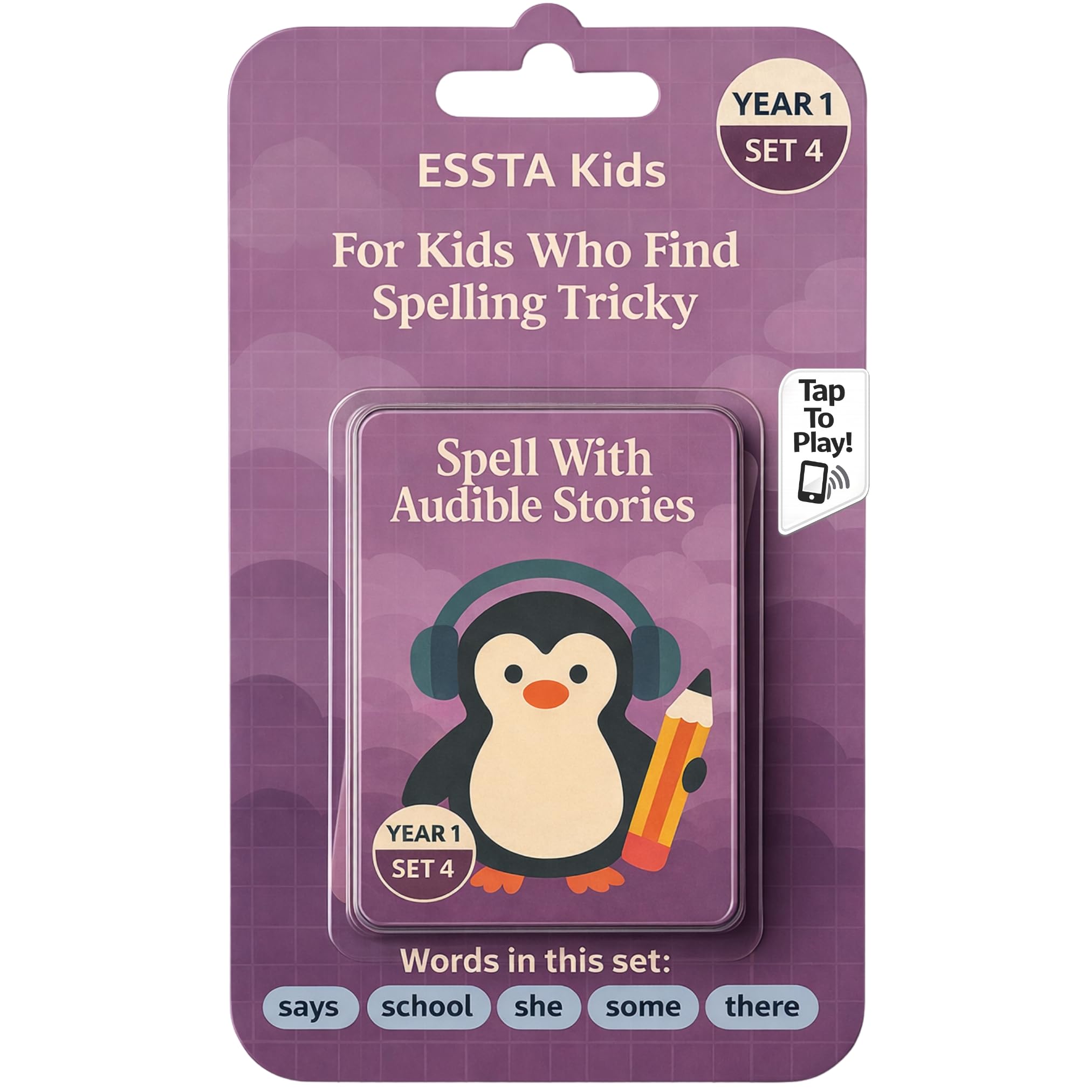 ESSTA Kids Spell With Audible Stories Year 1 Spelling Kit, UK National Curriculum Statutory Words (Says, School, She, Some & There) & Illustrated Flash Cards, Spelling Games for Kids