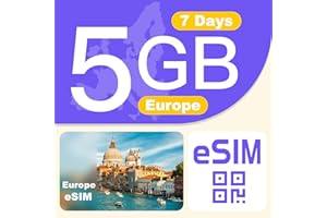 GENERIC Europe eSIM Prepaid 5GB Data for 7 Days, 4G LTE High-Speed Network for Unlocked iPhone and Android, Supports European 30+ Countries, Data Tethering Allowed, No Contract No SIM Card