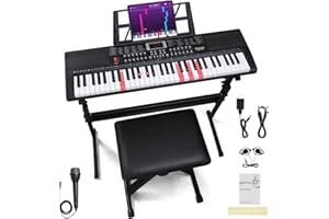 Ktaxon 61 Key Keyboard Piano Electric Keyboard w/Lighted Keys, Electric Piano Set with Headphones, Microphone, Music Rest, Power Adapter, Stand, Piano Bench and Manual (Full-Black)
