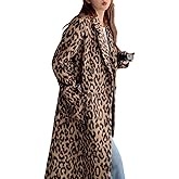 utcoco Womens Leopard Long Wool Trench Coat Notched Lapel Double Breasted Pea Coat Winter Warm Overcoat