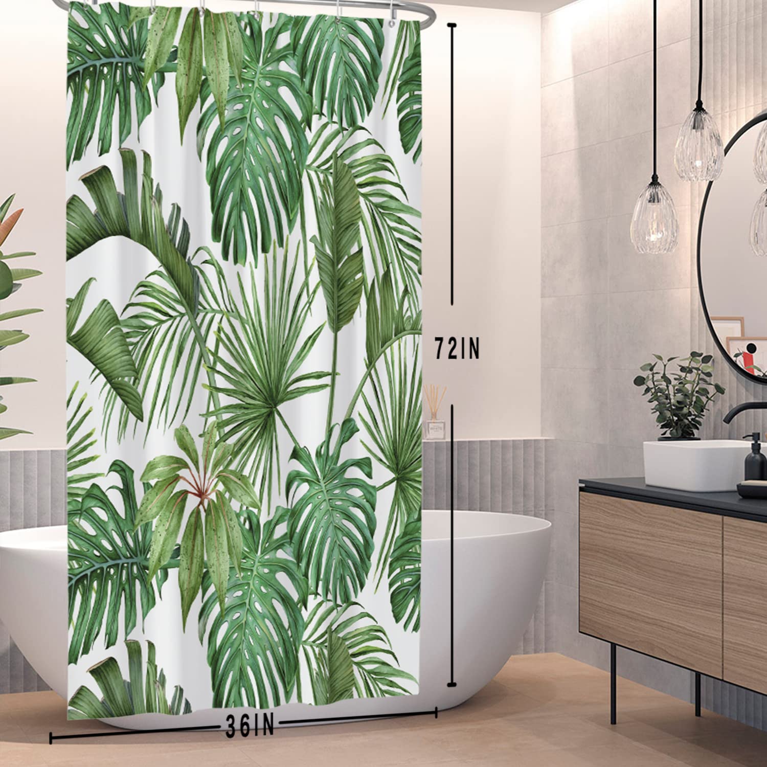 SDOTPMT 36x72 Inch Watercolor Green Palm Leaves Shower Curtain Summer Tropical Botanical Plants Bath Curtain Jungle Banana Monster Leaf Shower Curtain Fabric Polyester for Bathroom with Hooks — image 1