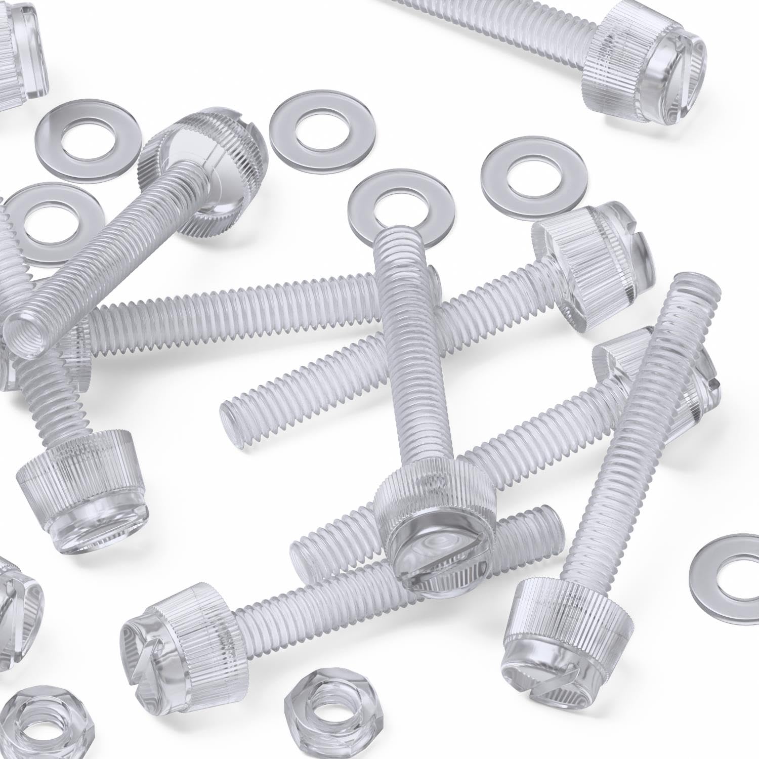 60x Transparent Clear Plastic Acrylic Thumbscrews, Slotted+knurled M4 x 30mm, Nuts, Washers & Bolts
