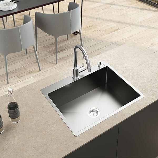 KITCHEN SINK, STAINLESS STEEL 27 X 22 INCH DROP IN KITCHEN SINK SINGLE BOWL TOP MOUNT KITCHEN SINK SET – SILICONE MAT AND DRAIN ASSEMBLY FOR MODERN KITCHEN STYLISH AND FUNCTIONAL