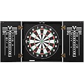 Viper Hideaway Dartboard Cabinet Set with Steel-Tip Dart Board, Reversible Board with Baseball Game Option, Two Sets of Darts, Chalk Scoreboards, and Matte Black Finish