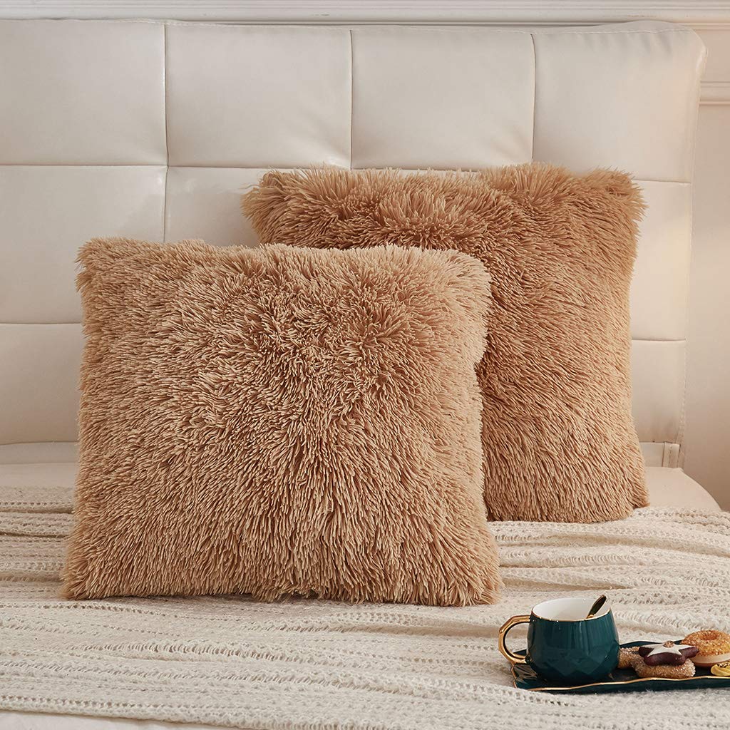 Photo 1 of LIFEREVO 2 Pack Fluffy Faux Fur Pillow Shams,18 x 18 Inches Throw Pillow Covers,Luxury Decorative Furry Pillowcases Cushion Cover for Christmas,Zipper Closure,No Pillow Insert, Camel