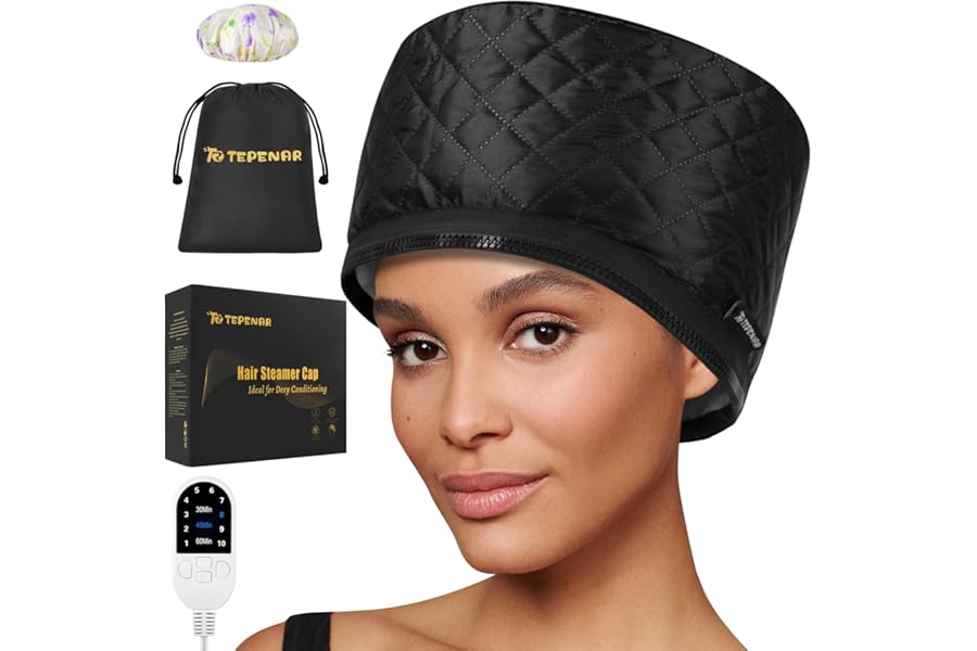 TEPENAR Hair Steamer for Deep Conditioning: Upgraded Heat Cap with 10-Level Fast Heating 3 Time Settings for Natural Hair Portable Thermal Steam Cap for Home Hair Treatment
