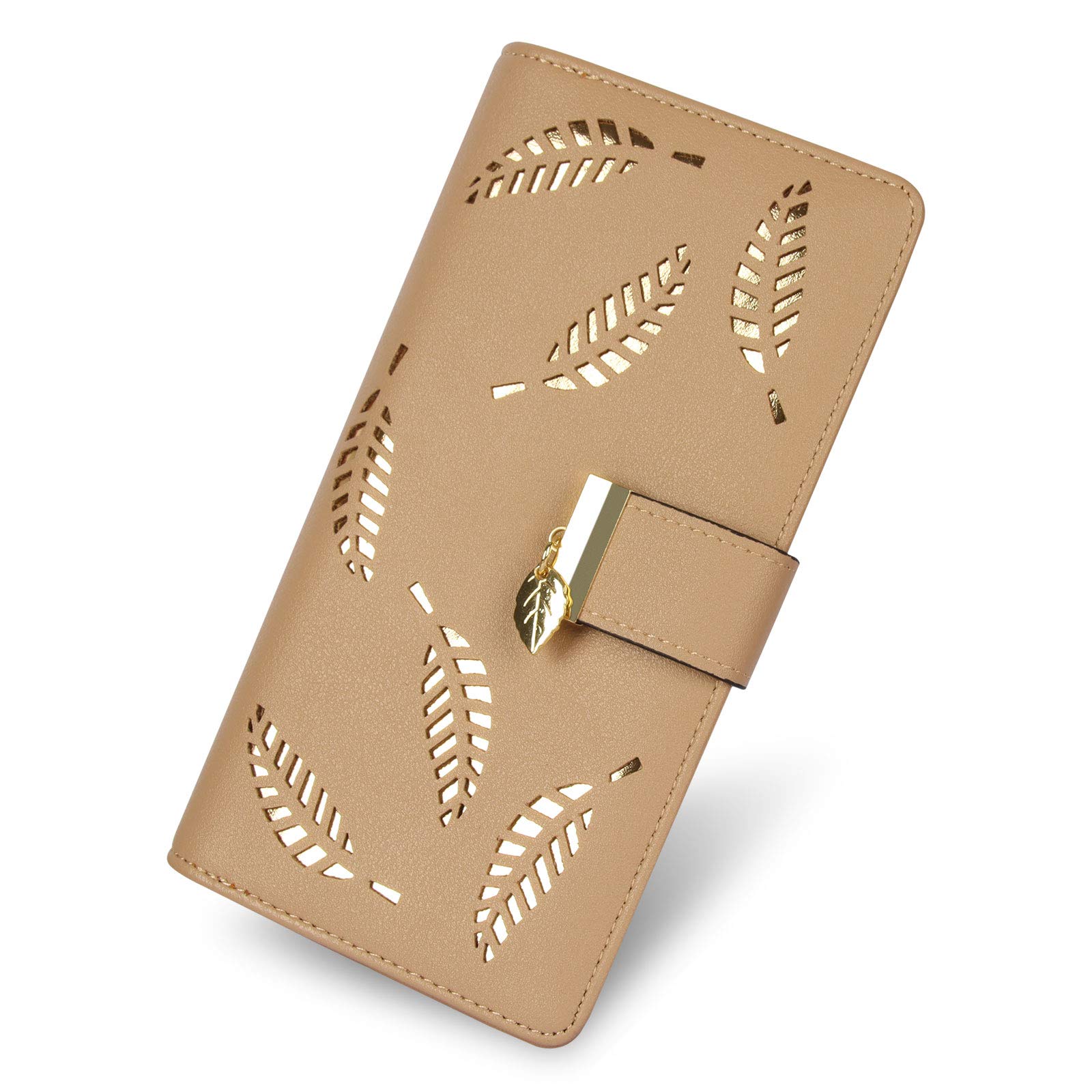 CHAOFANXI Women's Wallet Hollow Leaf Pattern Bifold Leather Lady Long Wallet Purse Zip Birthday Xmas Gifts for Women Girls（Khaki）