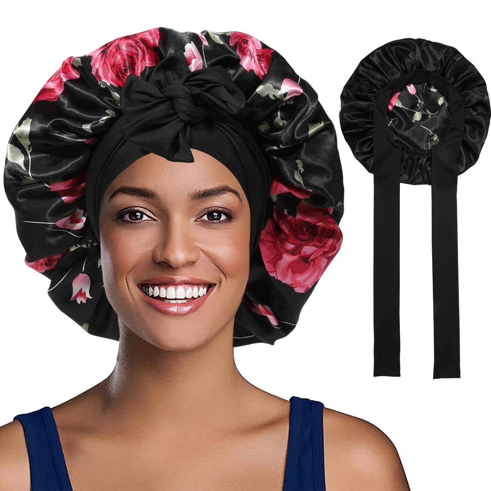 WELROG Reversible Satin Bonnet for Women - Double-Sided Satin Silk Bonnet for Sleeping Sleep Cap Hair Protect Hair Cap for the Night