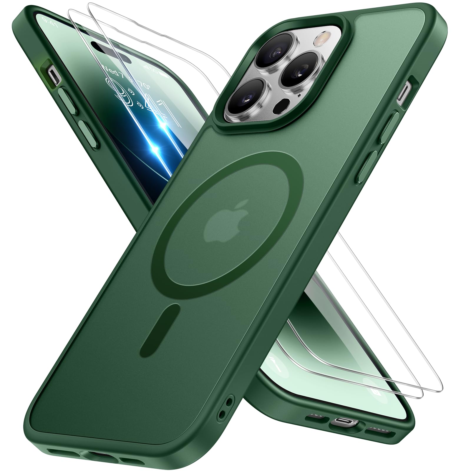 Photo 1 of Miracase Magnetic Series Designed for iPhone 14 Pro Max Case [Compatible with MagSafe] [with 2X Screen Protectors] Anti-Fingerprint, Magnetic Phone Case for iPhone 14 Pro Max 6.7 inch - Dark Green