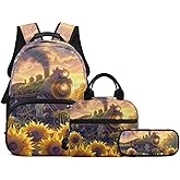 WHUVUMFY 3 in 1 School Backpack Set for Kids Boys Sunflower Trains Rucksack Books Bag Girls Backpack with Lunch Bag and Pencil Case for Middle High School
