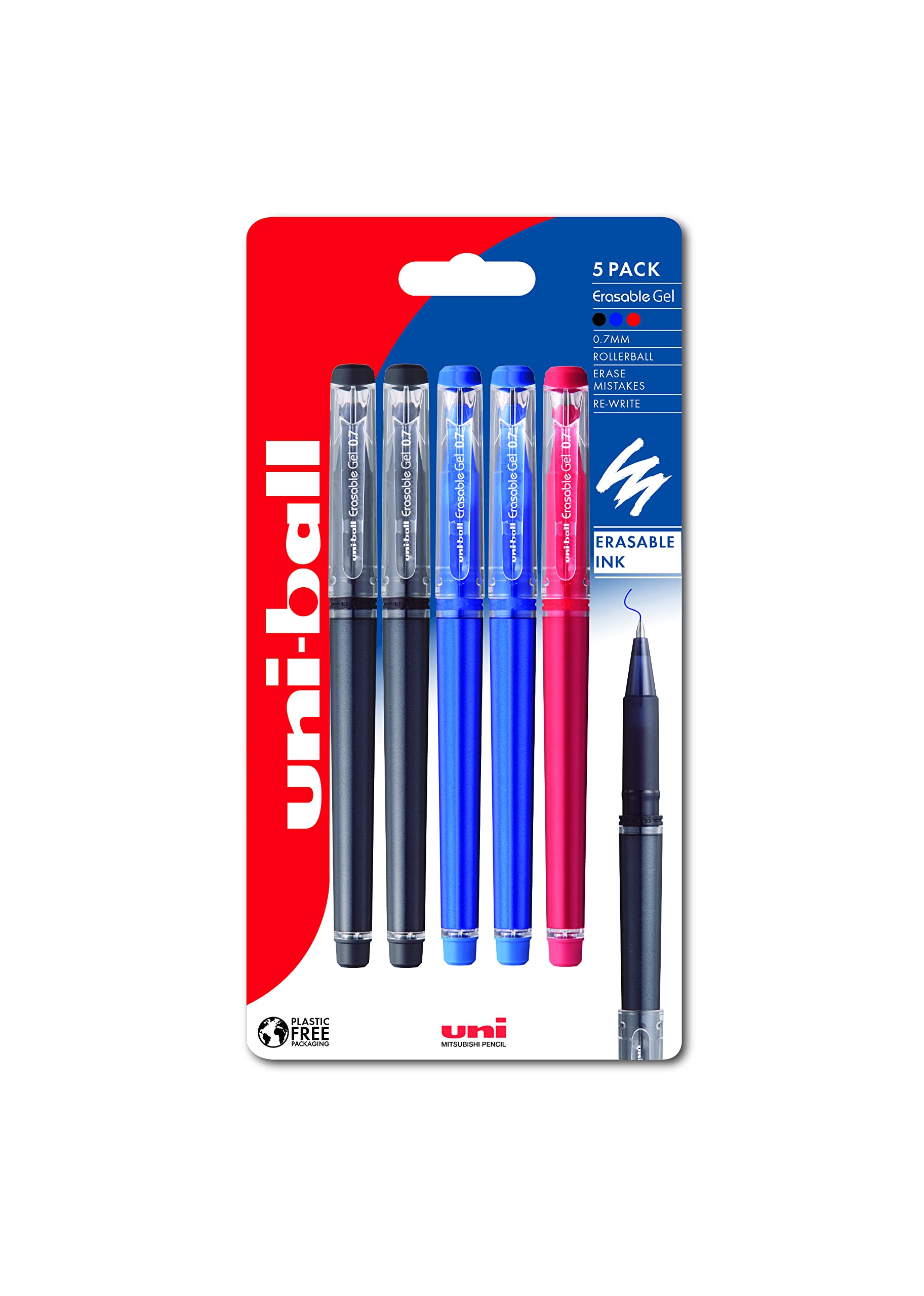 uni-ball UF-222-07 Erasable Rollerball Gel Pens. Premium 0.7mm Ballpoint Tip for Super Smooth Writing, Drawing & Colouring. pack of 5 Blk/Blu/Red