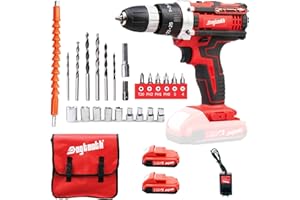DOGTOOTH 21V MAX Cordless Drill, 2 * 2.0 Ah Batteries, 2 Speed Functions Max 1350 RPM, Build-in LED, 23 Bits, Charger, Tool Bag - Red