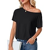 Rooscier Women's Off The Shoulder Tops Short Sleeve Loose Fit Basic Casual T Shirts