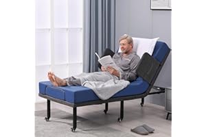 ESHINE Adjustable Bed with 6” Hospital Mattress - Adjustable Bed Frame with Bed Rails, Adjustable Heights with Wheels, Underbed Night Light, Wireless Remote, Head and Foot Inclined, Twin XL