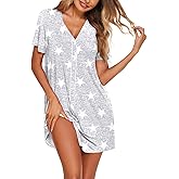 Ekouaer Nightgowns for Women Button Down Night Gowns Short Sleeve Night Dress Notch Collar Sleep Shirt Pajama Dress S-3XL