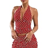 Milumia Women Polka Dots Halter Crop Top Y2k V Neck Open Back Ruched Going Out Tank Tops Clubbing Outfits
