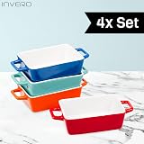 Invero 4x Mini Stoneware Rectangular Bake Dishes Set Red Blue Orange Green view 2