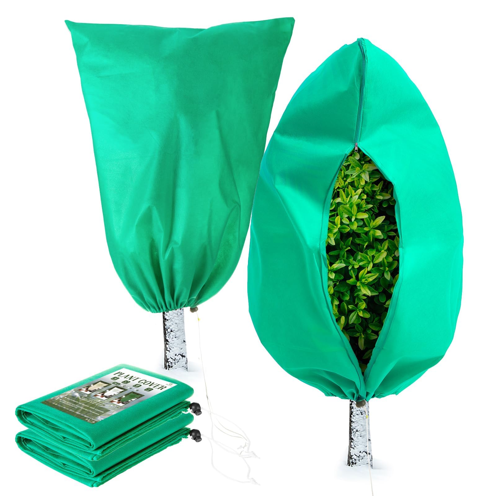 Photo 1 of Homimp Plant Covers Freeze Protection, 2 Pack Frost Covers with Zipper Drawstring (71" x 82.7") Plant Protection Cover Bags for Outdoor Winter Frost Cold Weather Shrubs Trees Jacket Covers(Green)