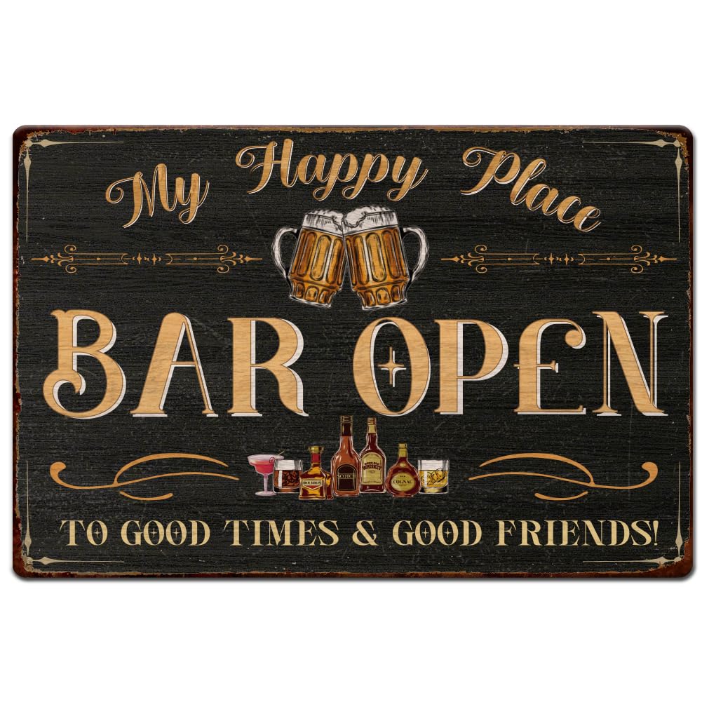 SUPERDANT Bar Tin Sign Metal Posters Metal Painting Decor Vintage Basement Decor Bar Open My Happy Place to Good Times Good Friends Bar Signs for Man Cave Pub Wall Decoration