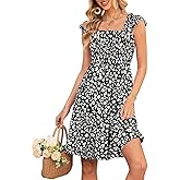 Naggoo Womens Summer Sundresses Sleeveless Square Neck Dress Ruffled Floral Smocked Dress A-line Boho Beach Dresses