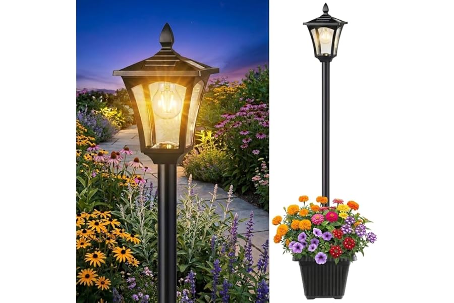 Benany 76" Solar Lamp Post Lights with Planter, Glass & Metal Street Light Outdoor Waterproof, 60 Lumens Dusk to Dawn Solar Pole Light for Garden, Yard, Driveway, Porch, Patio, Warm White
