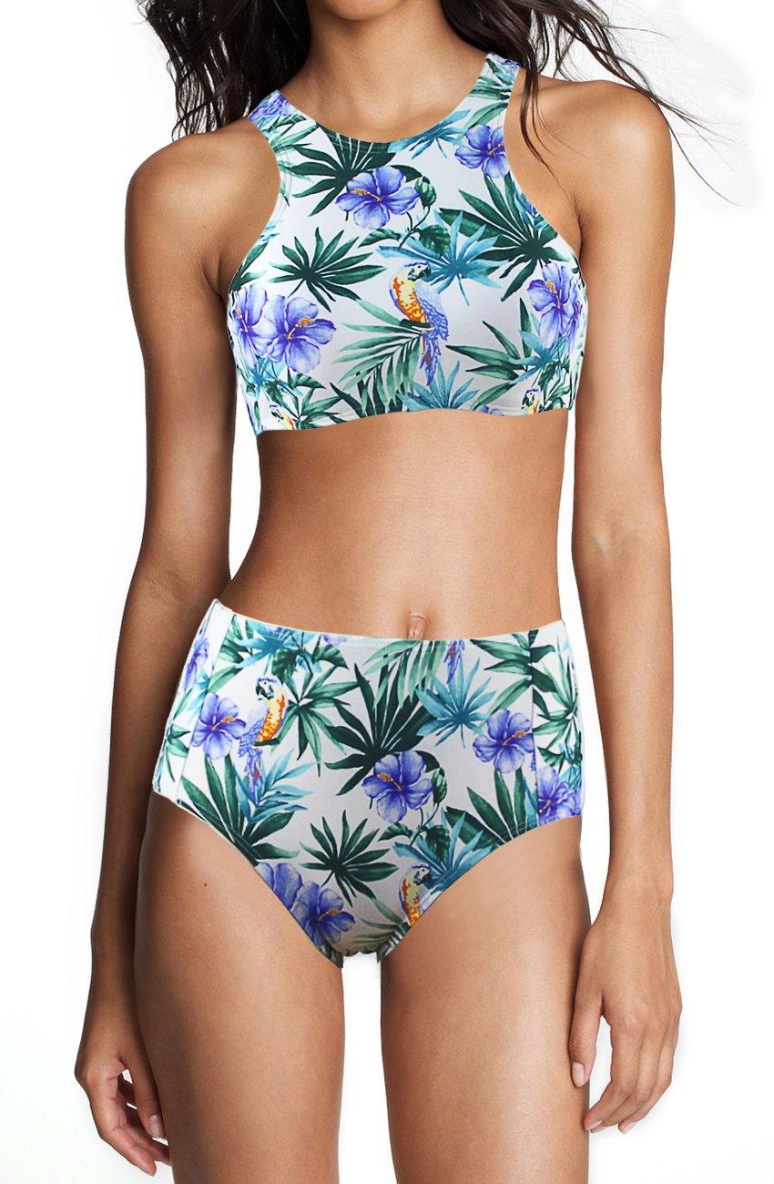 Agreya Womens Leaves Pattern High Waist 2 Piece Bikini Set Bathing Suit (White Purple Flower, L)