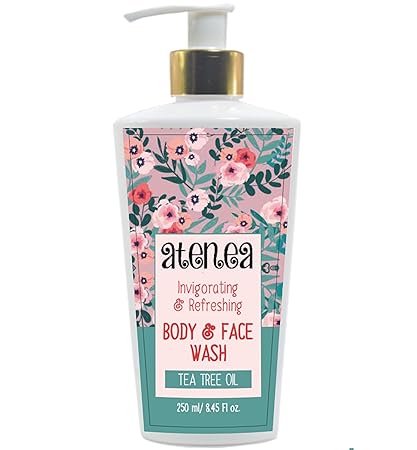 Atenea Organic Invigorating & Refreshing BODY & FACE WASH with TEA TREE OIL. 250 ml. Green Surfactants. SLS Free & Paraben Free